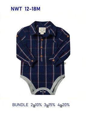 NWT - ME & HENRY Indigo & Red plaid Woven Onesie - SIZE 12-18m
